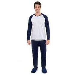Pijama Masculino Adulto Longo em Malha - Gelo Mescla e Marinho