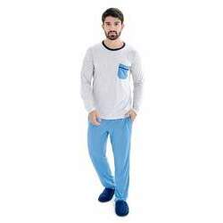 Pijama Masculino Adulto Longo em Malha - Gelo Mescla e Azul