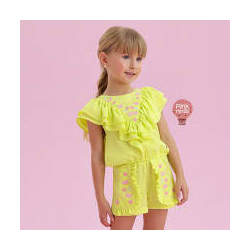 Conjunto Infantil Petit Cherie Amarelo Neon Borboletinhas e Flores Bordadas