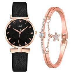 Conjunto de Relógio de Pulso PU Quartzo Feminino com Bracelete de Strass e Estrela