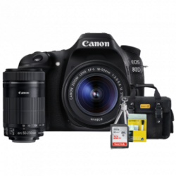 Canon 80D Kit Premium 18-55mm / 55-250mm Bolsa Cartão 32GB Mini Tripé Kit Limpeza