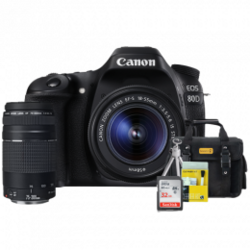 Canon 80D Kit Premium 18-55mm / 75-300mm Bolsa Cartão 32GB Mini Tripé Kit Limpeza