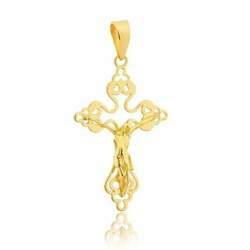 Pingente de ouro 18k crucifixo com flores vazadas e Jesus Cristo