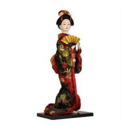 Boneca Japonesa Gueixa Artesanal Kimono Vermelho Preto e Leque Dourado - 30cm
