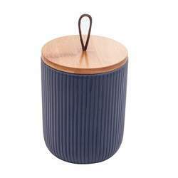 Potiche com tampa bambu puxador azul 10x12cm cerâmica Lyor