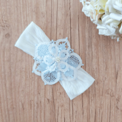Faixa meia de seda dupla flor renascença azul e branca