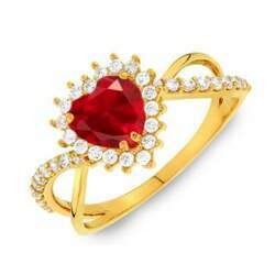 Anel de ouro 18k noivado solitário modelo coração vermelho