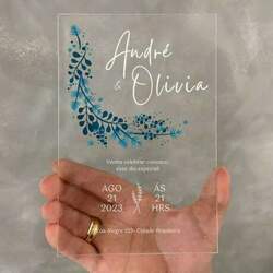 (0) Convite De Casamento em Acrílico Detalhe Azul 10x15cm