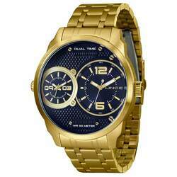 Relógio Masculino Lince Dourado Dual Time Com Mostrador Azul