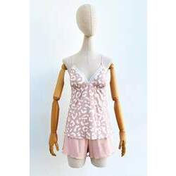Pijama Short Doll de Viscose com Detalhe em Renda Oncinha Rosé