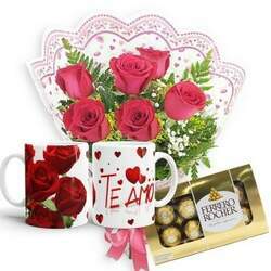Mini Buquê com 6 Rosas Vermelhas Chocolate 8un Caneca Te amo (Plástica Polímero)