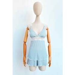 Pijama Short Doll de Viscose com Detalhe em Renda Listrado Azul