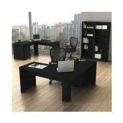 Conjunto Home Office 6 Peças com 2 Mesa em L, 2 Gaveteiros e 2 Estantes Preto - Pnr Móveis