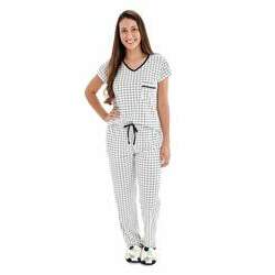 Pijama Feminino Meia Estação - Manga Curta com Calça Xadrez Grid Branco