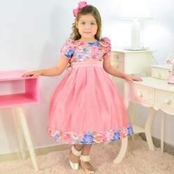 Vestido Rosa Salmão com Estampa Floral Efeito 3D para Menina