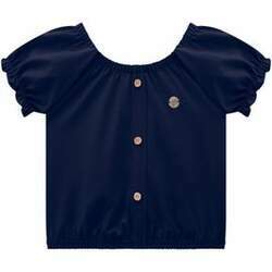 Blusa Infantil Bata Cropped Azul Marinho em Cotton com Franzido e Botões