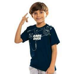 Camiseta Infantil Manga Curta T-shirt Azul Marinho Game Over