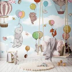 Papel de Parede Foto Mural Infantil Balões, Animais, Elefante, Urso, Raposa, Pássaros e