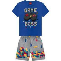 Conjunto Infantil Camiseta Azul e Bermuda Tetris Game Boss