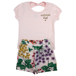 Conjunto Blusa Cotton com Aplique Summer Girl e Shorts Cotton Estampa Rotativa Floral