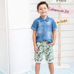 Conjunto Infantil Verão Camisa Jeans e Bermuda Tropical 2 peças Tam 4 a 10 - Paraíso