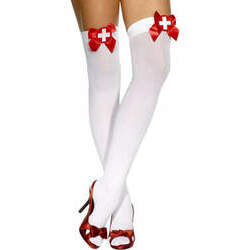 Meias-calças de enfermeira brancas com laços vermelhos