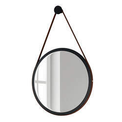 Espelho Redondo Adnet 54 cm Preto Alça Sintética Marrom - CasaePoltrona