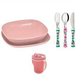 Conjunto pratos e talheres infantil copo Transicao - Rosa