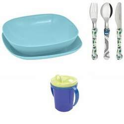 Conjunto pratos e talheres infantil copo de transicao - Azul