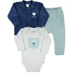 Conjunto Plush Bebe Menino Casaco Body e Culote Bordado Ursinho - Azul Jeans