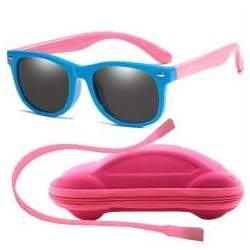 Óculos de Sol Flexível Infantil Case Carrinho Cordão Silicone Azul e Rosa