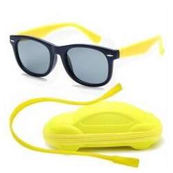 Óculos de Sol Flexível Infantil Case Carrinho Cordão Silicone Marinho e Amarelo