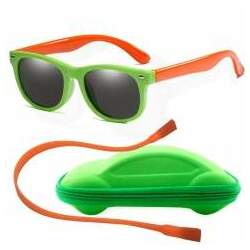 Óculos de Sol Flexível Infantil Case Carrinho Cordão Silicone Verde e Laranja