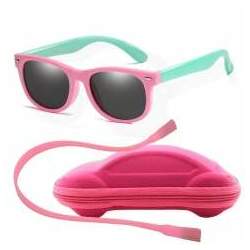 Óculos de Sol Flexível Infantil Case Carrinho Cordão Silicone Rosa e Verde Água