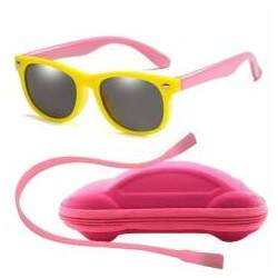 Óculos de Sol Flexível Infantil Case Carrinho Cordão Silicone Amarelo e Rosa