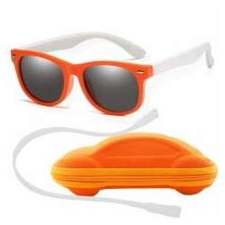 Óculos de Sol Flexível Infantil Case Carrinho Cordão Silicone Laranja e Branco