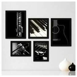 Kit Com 5 Quadros Decorativos - Música Violão Piano - 042kq01
