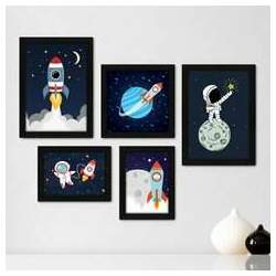 Kit Com 5 Quadros Decorativos - Espaço - Astronauta - Nave - Infantil - Baby - Bebê - 317kq01