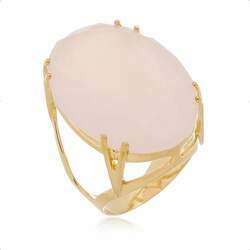 Anel Pedra Oval Cristal Rosa Maxi Grande Folheado a Ouro