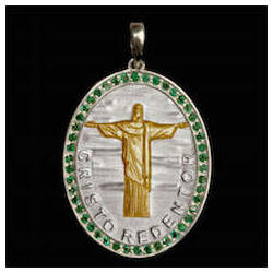 Medalha Cristo Redentor em prata de Lei cravejada Esmeraldas Mista