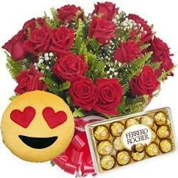Buquê 12 rosas vermelhas Emoji Apaixonado 28cm Chocolate 12un