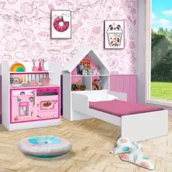 Cama Infantil Branca Com Cozinha Infantil MDF Rosa Pink Magia Gabrielli Móveis