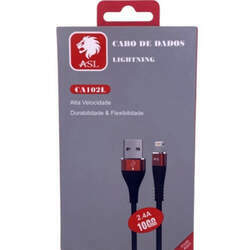 Cabo de Dados Usb Lightning ASL CA102L - Tipo Nylon Trançado - Para IPhone/IPad/IPod - Preto c/ Vermelho
