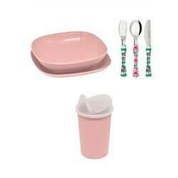 Conjunto pratos e talheres infantil com copo com bico - Rosa