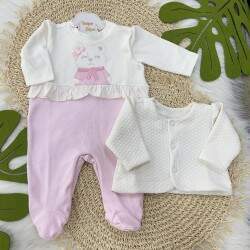 Macacão Baby Fashion- Off e rosa ursinha com casaco