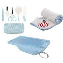 Conjunto de Banheira Rigída, Kit de Higiene e Toalha com Capuz ( 6M) - Azul