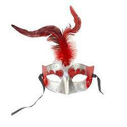 Máscara de Carnaval com Plumas Sortidas Mod 6830 - Vermelho/Prata - 01 unidade - Rizzo