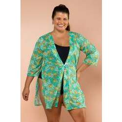 Kimono Com Estampa De Fundo Verde E Folhas Coloridas E244