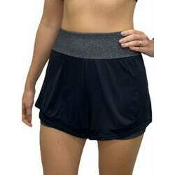 Shorts Com Sobreposição Feminino bolso interno e cós largo preto e cinza mescla