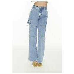 Calça Jeans Feminina Wide Leg Cargo com Bolsos na Lateral - DZ20505